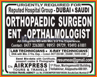 Urgent Job requirement in Hospital Group Dubai and Saudi