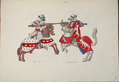 2 knights on horseback jousting