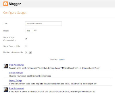 Interface of recent comments configure gadget