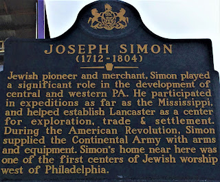 Joseph Simon (1712-1804). Jewish pioneer and merchant, Simon played a significant role in the development of central and western PA. He participated in expeditions as far as the Mississippi, and helped establish Lancaster as a center for exploration, trade & settlement. During the American Revolution, Simon supplied the Continental Army with arms and equipment. Simon's home near here was one of the first centers of Jewish worship west of Philadelphia.