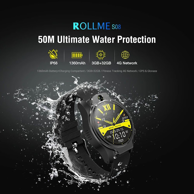 Rollme S08 True IP68 Waterproof Ceramic Bezel 8MP Dual Camera Face Unlock 4G Smart Watch 3G+32G GPS Glonass 3560 mAh Battery Watch Phone