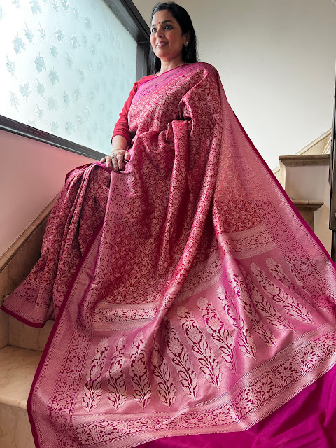 Raspberry Radiance: The Enchanting Tale of a Banarasi Silk Brocade Soft Drape Saree
