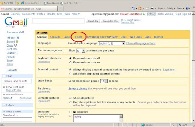 Gmail settings page in preparation for creating a filter.