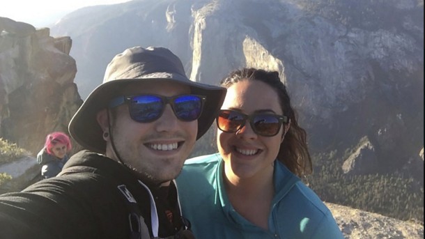 Sean Matteson with girlfriend Drea Rose Laguillo, in Yosemite National Park. Meenakshi Moorthy, seen in background at left, the pink-haired woman who fell to her death in Yosemite Park