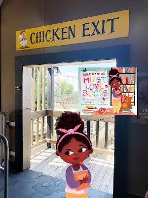 A cartoon of a dark-skinned girl with dark curly hair in a bun holds an orange book and stands in a photograph of a non-cartoon doorway with a rollercoaster in the background. Above the doorway is a sign that says "Chicken Exit."