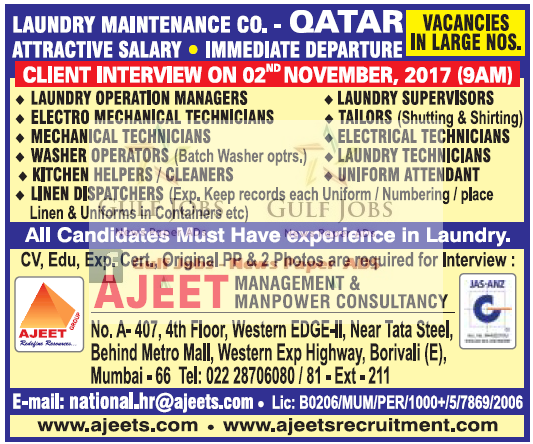 Large Job vacancies for Maintenance co in Qatar