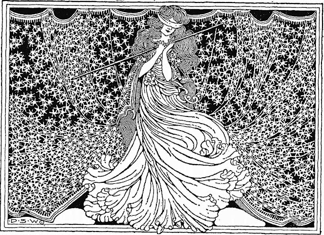 a Dugald Stewart Walker illustration of a blindolded woman with many stars