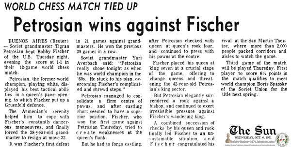 Petrosian Wins Against Fischer