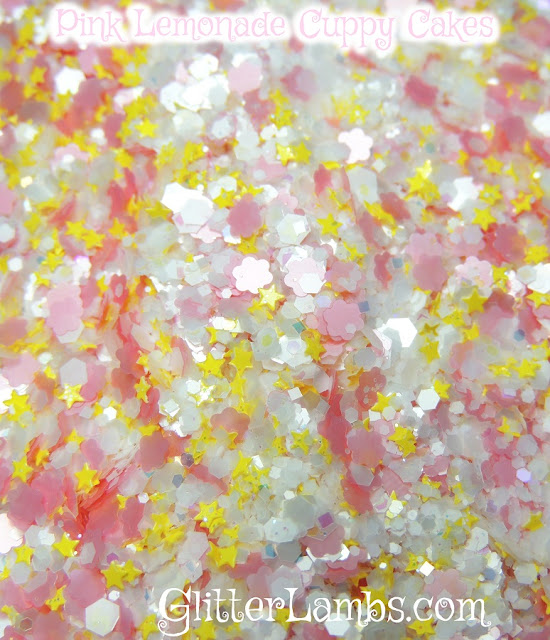 Our "Pink Lemonade Cuppy Cakes" loose glitter mix has white opal hex from medium to micro, mini yellow stars, light pink daisies, tiny iridescent hex and square glitters.