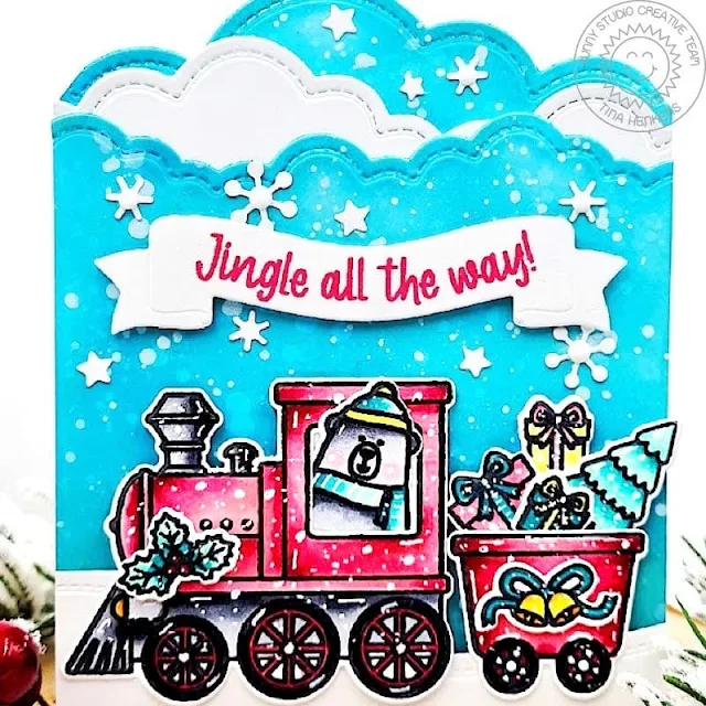 Sunny Studio Stamps: Holiday Express Holiday Card by Tina Henkens (featuring Snowflake Circle Frame Dies, Reindeer Games, Brilliant Banner Dies)