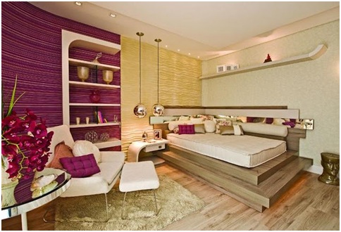 Womens bedroom with purple and beige colors