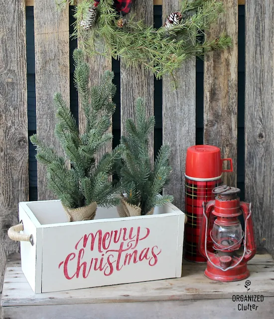 Garage Sale Wooden Box Upcycled As Inexpensive Christmas Decor #hobbylobbystencil #hobbylobby #hobbylobbyhardware #Christmas #stencil #farmhouseChristmas #upcycle #garagesalefinds