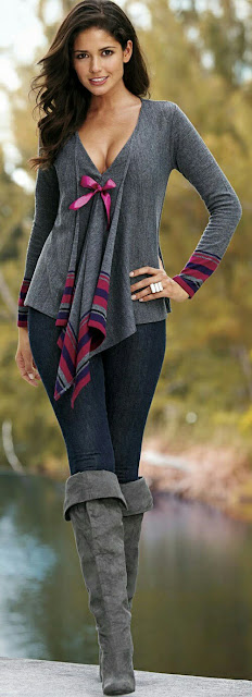 Deep V neck sweat Top with jeans 