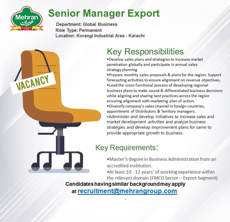 Mehran Spice & Food Industries Jobs For Senior Manager Exports