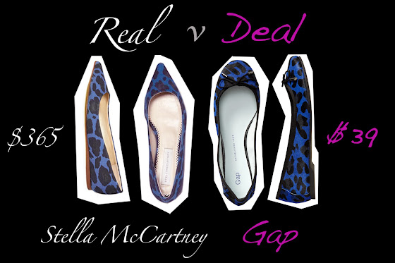 Real vs Deal Stella McCartney versus Gap blue leopard print ballet flats.