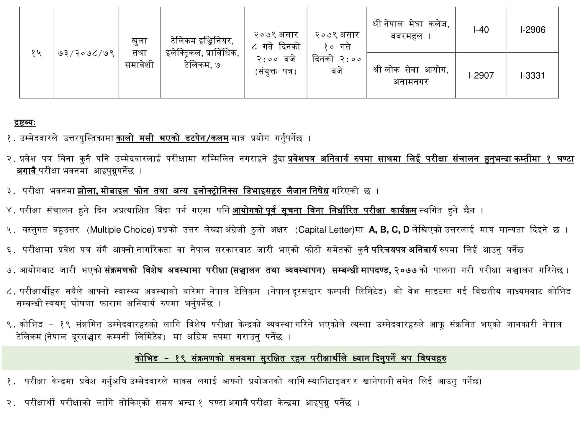 Nepal Telecom Written Exam Center of Various Post