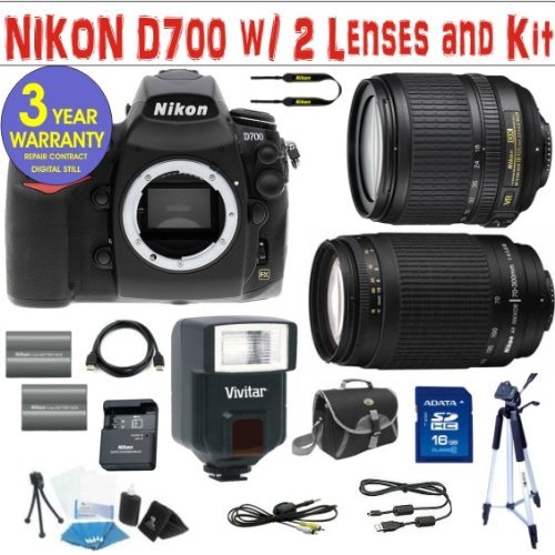 NIKON D700 (IMPORT) DIGITAL SLR CAMERA BODY + NIKON 18-105 VR ZOOM LENS + NIKON 70-300 G ZOOM LENS + 16 GIG HIGH SPEED MEMORY CARD + 2 RECHARGEABLE BATTERIES + VIVITAR FULLY AUTOMATIC DEDICATED FLASH + MACK 3 YEAR WORLDWIDE WARRANTY