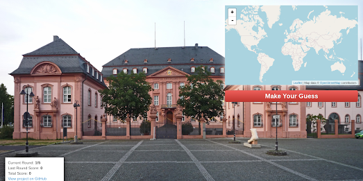 a photo of the Deutschhaus in Mainz and a small inset world map