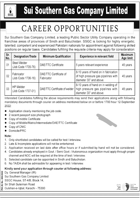 Sui Southern Gas Company SSGC Jobs 2022 || Online Form