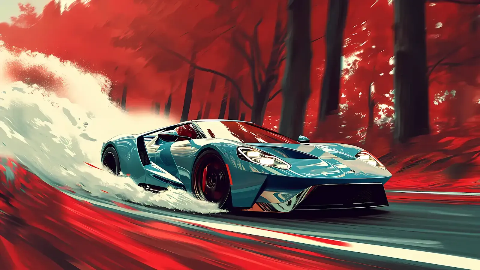 Dynamic illustration of a high-speed blue sports car racing through a vivid red forest, creating a contrast between technology and nature.
