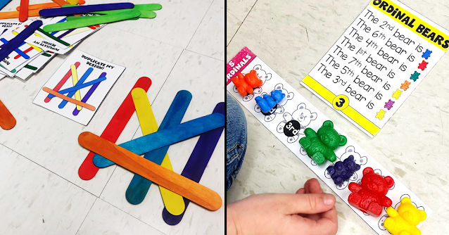 Use hands on activities with popsicle sticks and counting bears to work on basic math skills like spatial awareness and ordinal numbers.