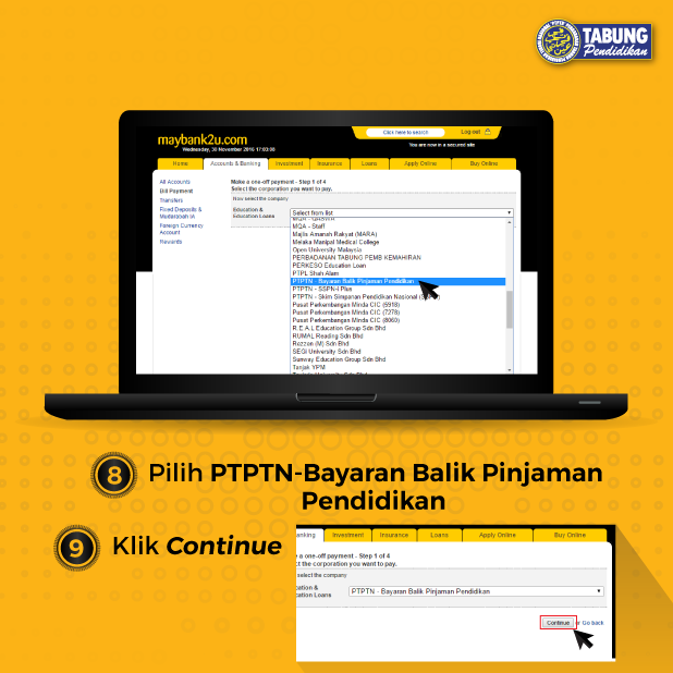 Bayar PTPTN online melalui (jompay) maybank2u atau cimb 
