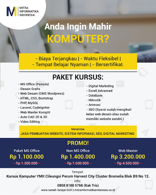 brosur paket kursus komputer ymii cileungsi untuk masyarakat cileungsi, cibubur, gunung putri, jonggol, cariu, setu, cibarusah, bekasi