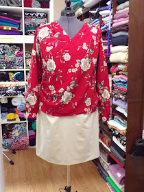 McCall 7193 Red Floral Woven Long Sleeve Top www.sewplus.blogspot.com