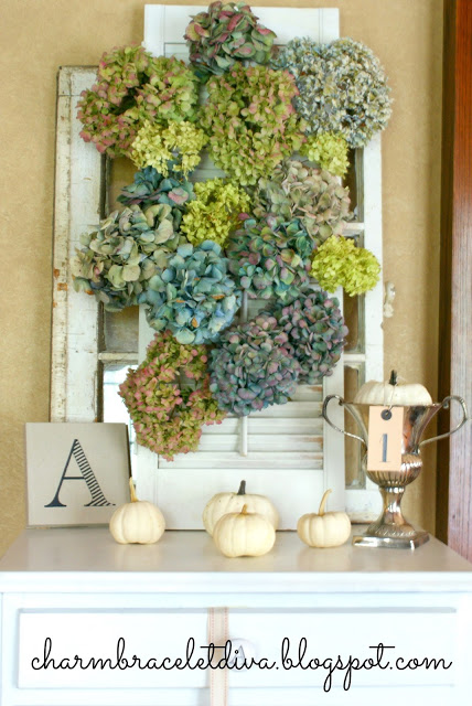 dried hydrangeas shite shutter display fall decor pumpkins