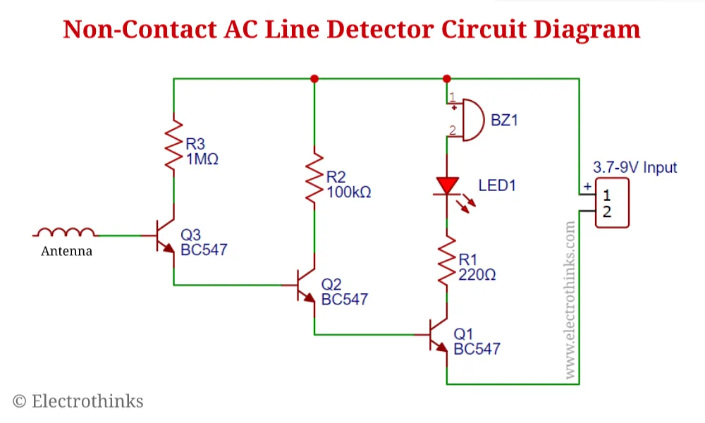 Schematic of Non-Contact AC Line Detector using BC547 Circuit