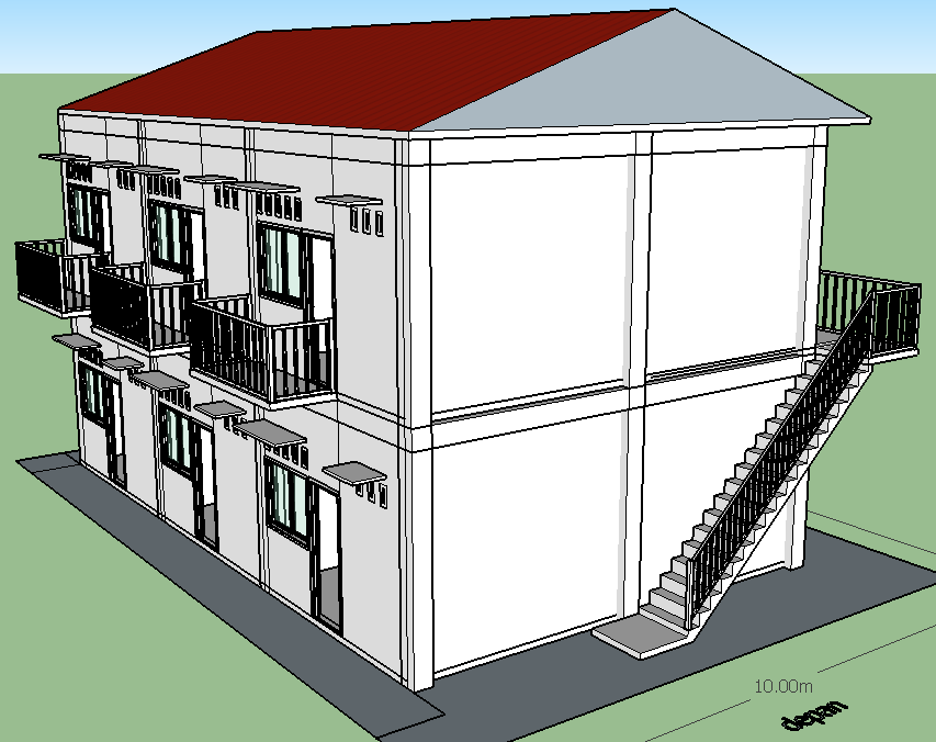 DESAIN SKETCHUP rumah sewa 6 pintu di lahan 10 x 15 m