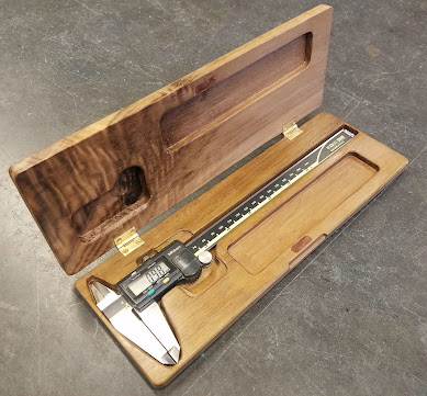 walnut hinged box with inset for digital calipers