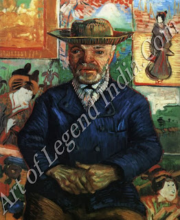 Van Gogh made several portraits of Pere Tanguy, who ran an art supplies shop in Paris where penniless artists could meet and exchange their works for paint and canvases. The pictures lining the walls behind the old man are Vincent's own copies of Japanese prints. 