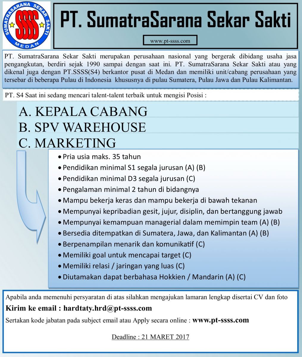 Lowongan Kerja Medan PT SumateraSarana Sekar Sakti 
