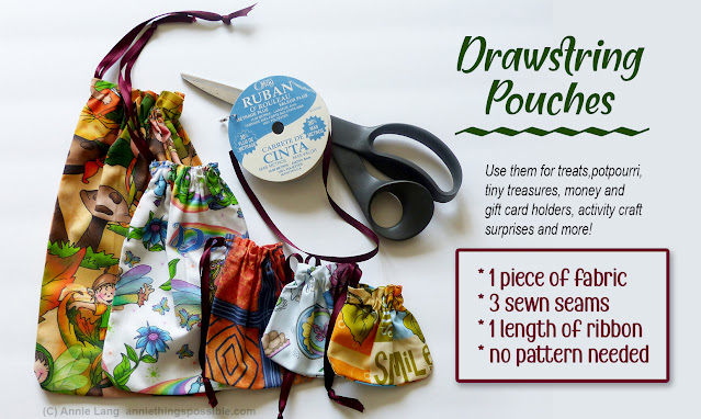 Annie Lang's scrap fabric craft project ideas drawstring pouch bags because Annie Things Possible when you craft!