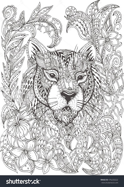 Handdrawn Tiger With Ethnic Floral Doodle Pattern Coloring Page   Zendala Design