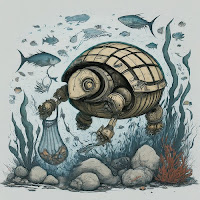 Robot-tortoise cleaning sea base.