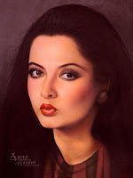 bollywood, actress, stunning, rekha, portrait, painting, canvas