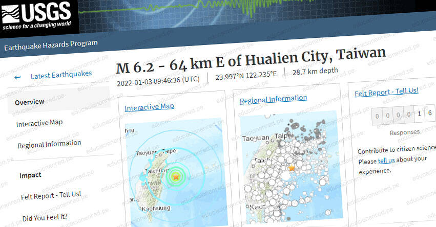 TERREMOTO EN TAIWÁN: Fuerte sismo de magnitud 6,2 en la ciudad de Hualien (Hoy Lunes 3 Enero 2022) USGS