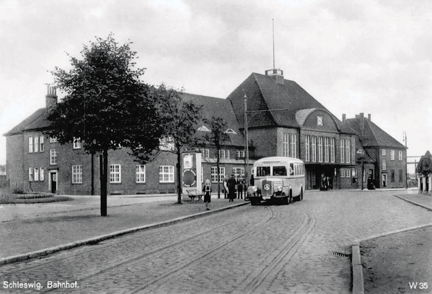 Mercedes bus outside Schleswig railway station Germany circa 1940