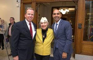 From left Norfolk County Register of Deeds William P. O'Donnell, Jeanette Rose-Gutshall, a Gold Star wife from Weymouth, and Massachusetts Veterans' Services Secretary Jon Santiago