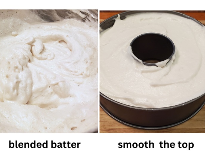 the mixed and blended batter and poured into a tube pan for angel food cake