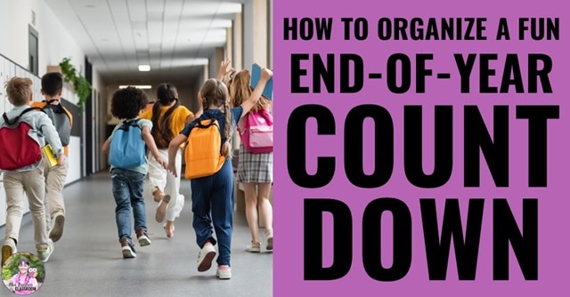 Excited students running out of school with text "How to Organize a Fun End of Year ABC Countdown"