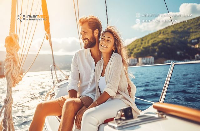 beautiful couple sitting on a yacht in a bright day