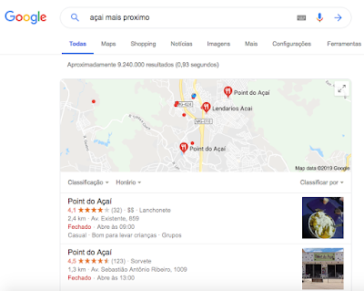 Busca local para pizzaria. Google Meu Negócio