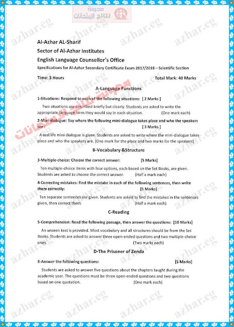 مواصفات الورقة الامتحانية للغة الإنجليزية لطلاب الثانوية الأزهرية