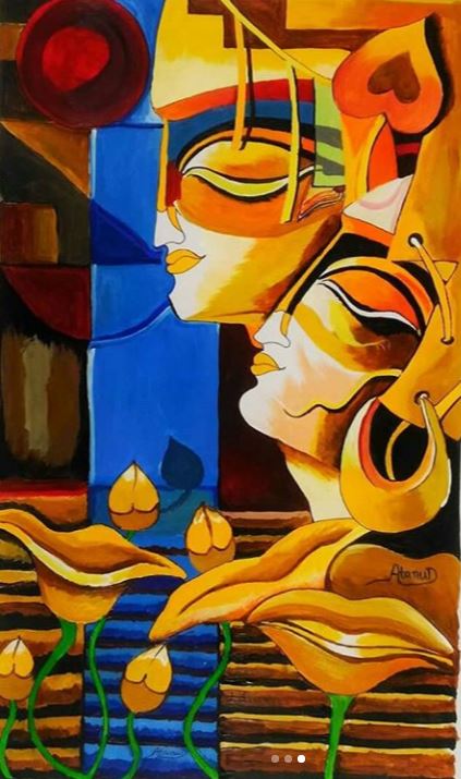 Acrylic Abstract Painting of Radhe Krishna on Canvas