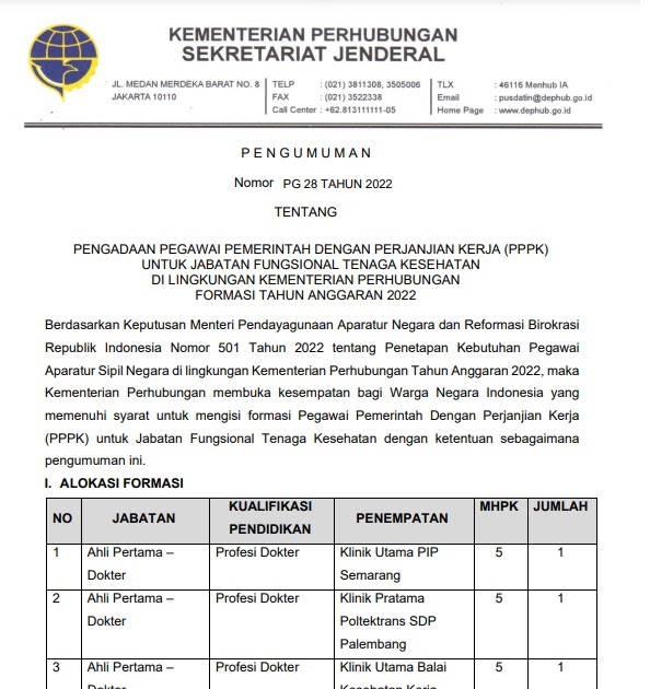 Lowongan Kerja Lowongan Kerja Kementerian Perhubungan Republik Indonesia Tingkat D3 S1  Anggaran    Maret 2024