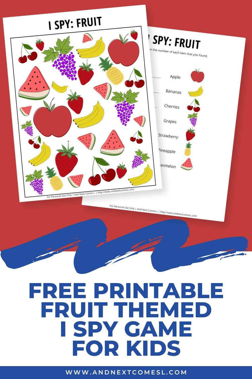 Free printable fruit themed I spy game for kids