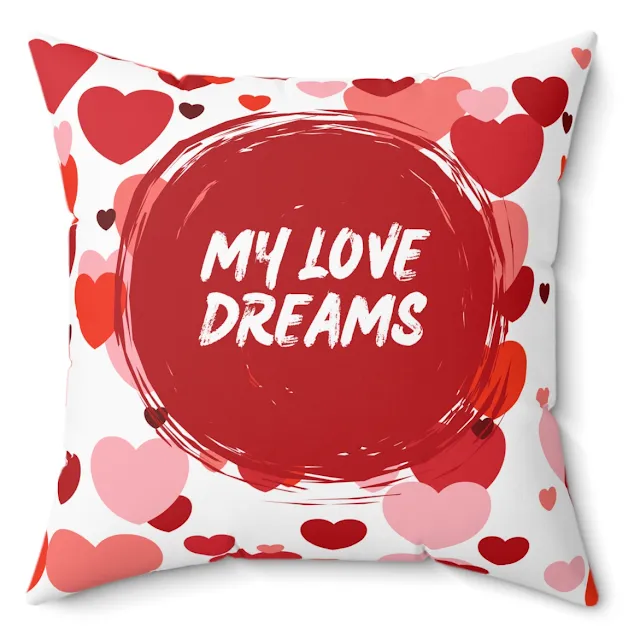 Spun Polyester Square Valentine Pillow Red White Love Dream Heart Pattern